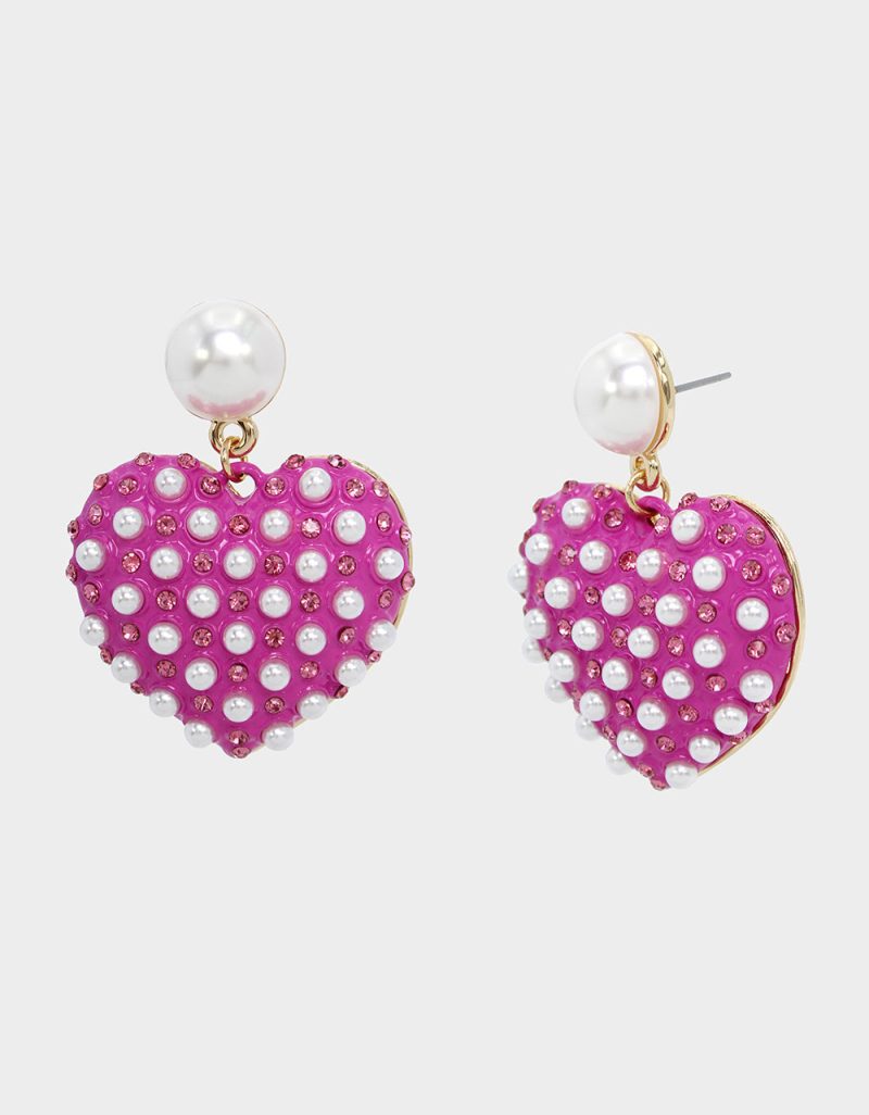 THINK PINK PEARL HEART DROP EARIRNGS FUCHSIA - JEWELRY - Betsey Johnson