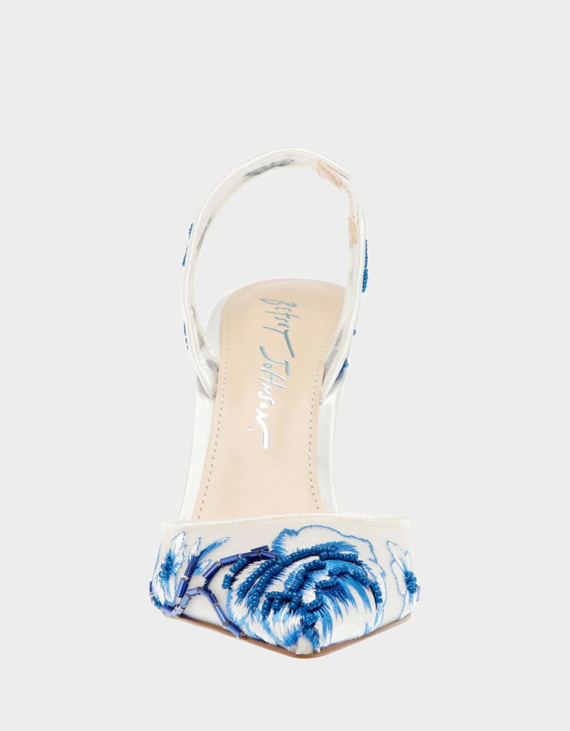 BETSEY JOHNSON SHOES SB PATCH IVORY BLUE FLORAL FRONT